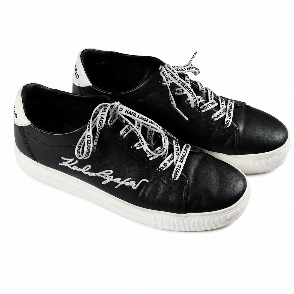 Karl Lagerfeld Paris Cylie Black Leather Signature Script Sneakers Shoes 9M 40